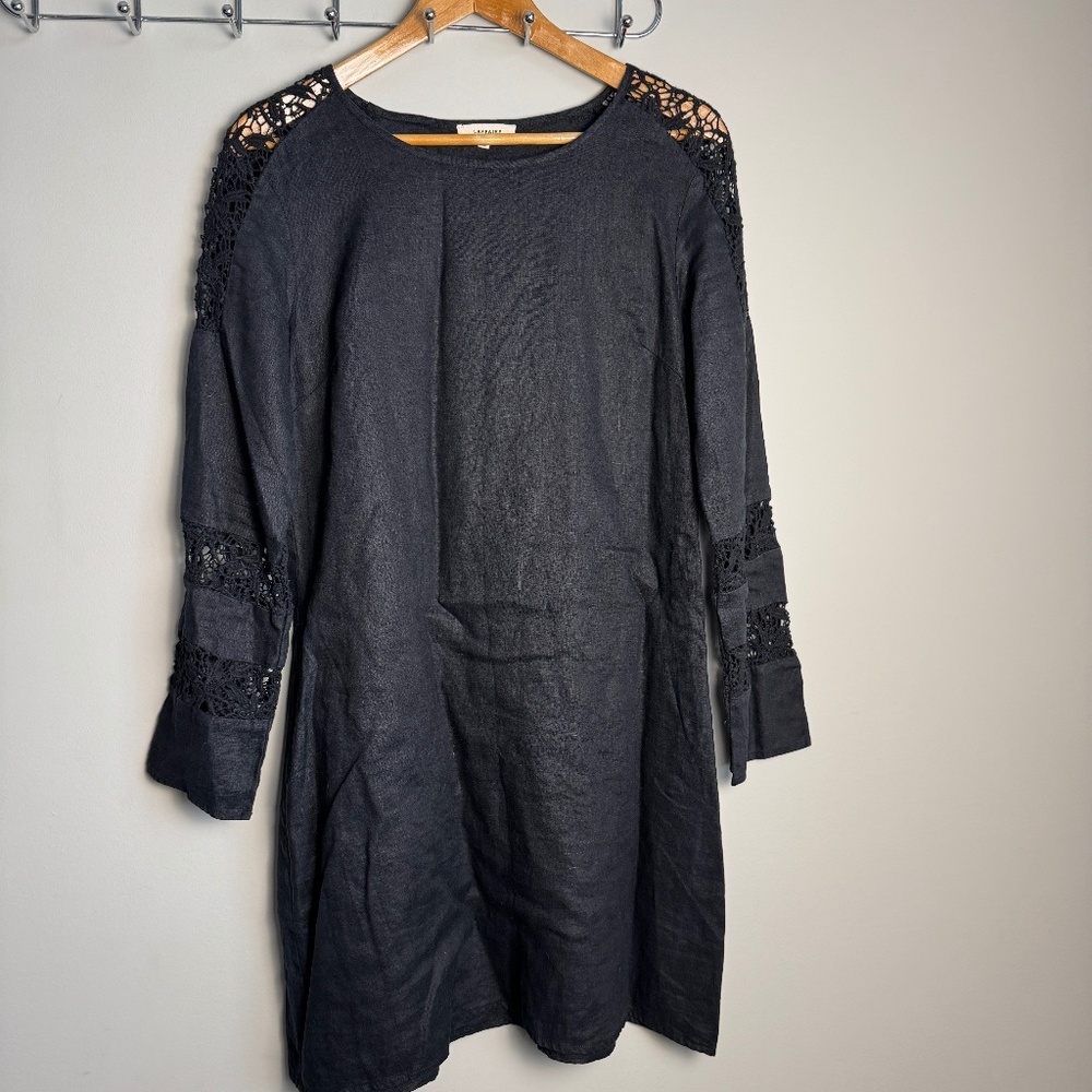 Laffaire Women's M Long Sleeve 100% Linen‎ Shift Mini Cover Up Beach Dress Black